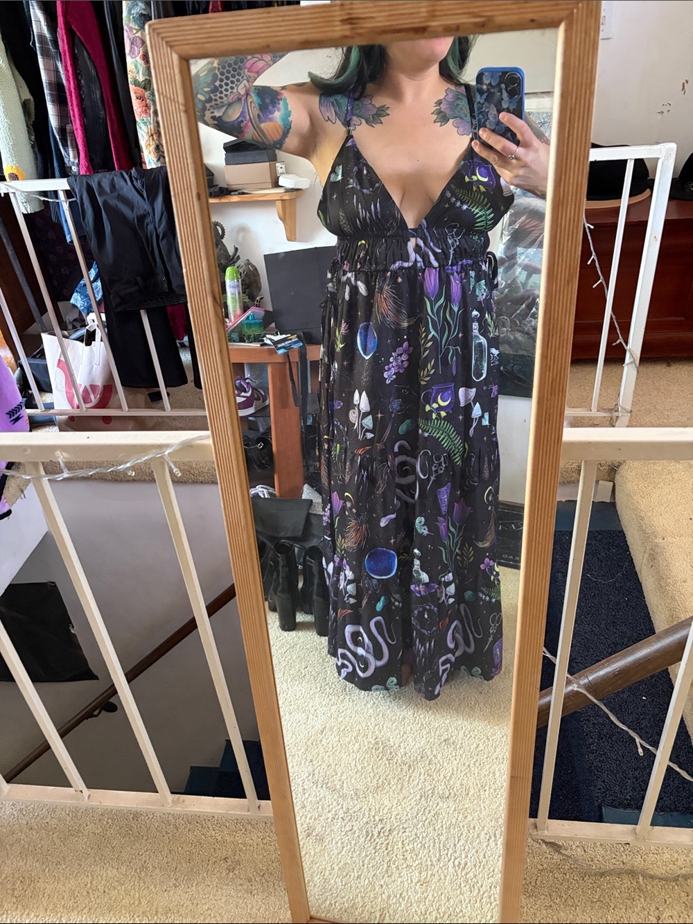 Bohemian Black Maxi Witchy Dress with Purple & Green Botanical Print